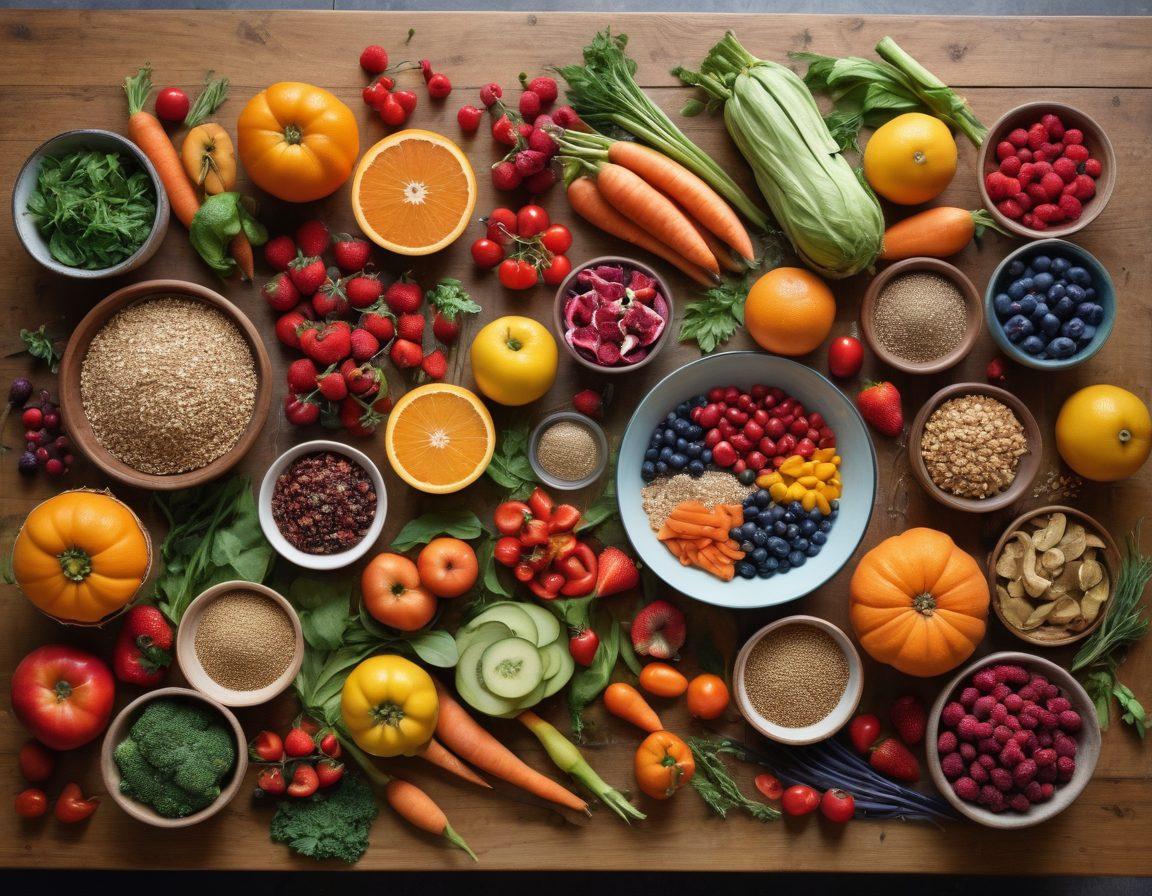 A colorful table spread showcasing a variety of nourishing foods, including vibrant fruits and vegetables, whole grains, and healing herbs, artistically arranged to represent resilience and health. Soft natural light filters through, highlighting the textures and colors, while a subtle hint of supportive elements like cookbooks and motivational quotes are in the background. elegant, modern design. super-realistic. vibrant colors.