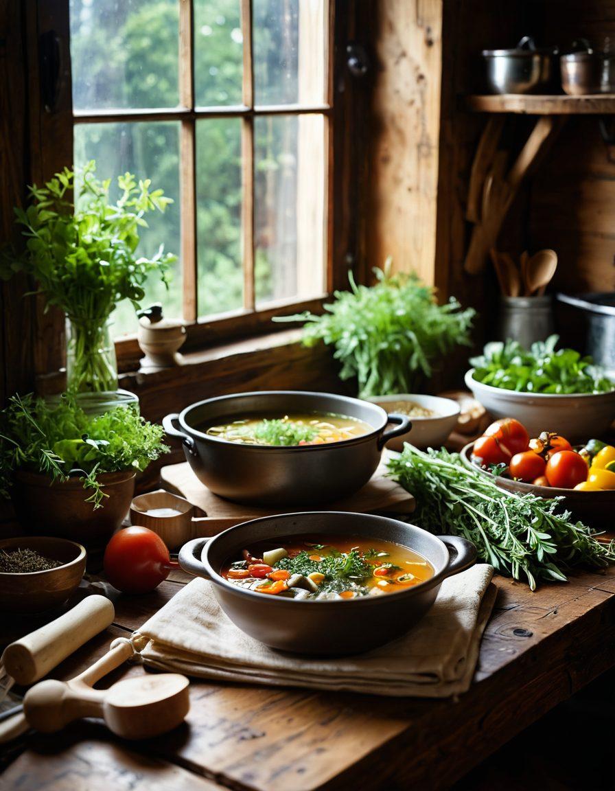 A cozy kitchen filled with lush herbs and colorful fresh vegetables, a steaming bowl of vibrant soup on a rustic wooden table, sunlight streaming through a window, creating a warm and inviting atmosphere. Surround the scene with open recipe books and utensils that suggest a harmonious cooking experience aimed at healing. soft focus. warm tones. natural light.