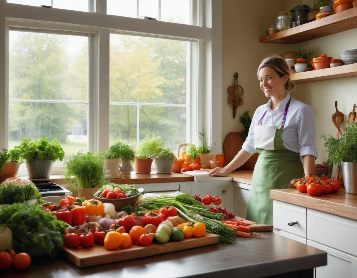 A vibrant kitchen scene showcasing colorful fresh vegetables, herbs, and spices, arranged artistically around a serene cooking space. In the background, a soft focus on a cook preparing a healthy dish with a warm smile, symbolizing joy and healing. Light filtering through a window adds a warm, inviting atmosphere, enhanced with small cancer awareness ribbons subtly woven into the decor. super-realistic. vibrant colors. bright and airy.